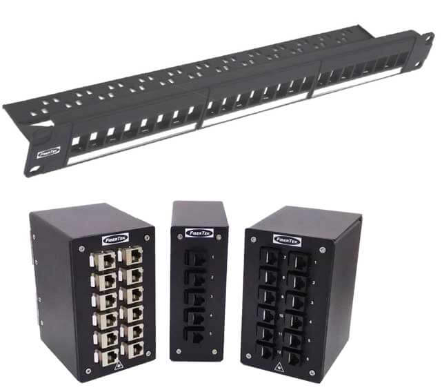 A group of rack mount and DIN RAIL mount Ethernet panels